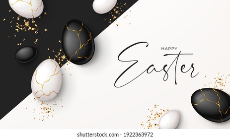 Happy Easter holiday banner. Top view on white and black eggs with golden liquid and golden confetti. Vector illustration with 3d decorative objects. Greeting banner.