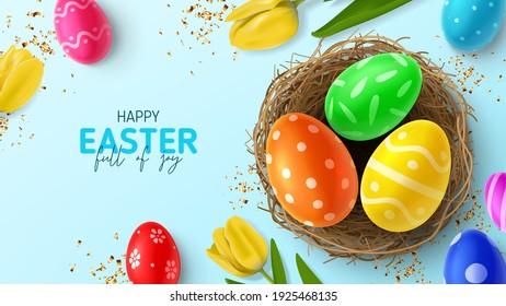 Happy Easter holiday banner. Top view on color eggs with Easter decoration in nest, yellow tulips and golden confetti. Vector illustration with 3d decorative objects.
