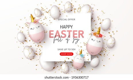 Cartel de Feliz Fiesta de Pascua. Vista superior de los bonitos unicornios de huevos con cuernos de oro, huevos blancos y confeti de oro. Ilustración vectorial con objetos decorativos 3d para el diseño de Pascua.
