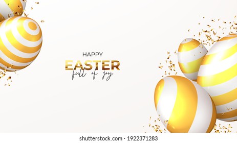 Happy Easter holiday banner. White eggs with golden stripes and golden confetti. Vector illustration with 3d decorative objects. Greeting banner.