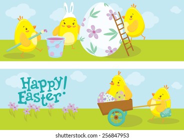 Happy Easter holiday banners. Cute chicken cartoon characters illustrations. Vector illustration.