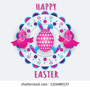 Happy Easter holiday with bunny ears and paws, an egg and two funny chickens on a colorful floral background. Vector illustration.