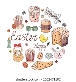 Happy Easter holiday. Easter cakes, willow twig, rabbit, chicken and flowers in circle shape isolated on white background