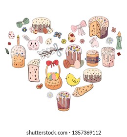 Happy Easter holiday. Easter cakes, willow twig, rabbit, chicken and flowers in heart shape isolated on white background
