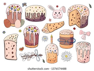 Happy Easter holiday. Easter cakes, willow twig, and rabbit 