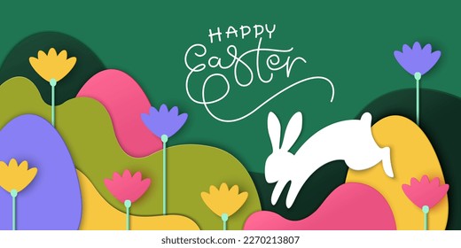 Happy Easter holiday card background. Colorful paper art style. Spring flowers, hair, eggs.