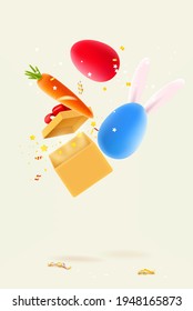 Happy Easter Holiday card. Easter banner with falling down realistic elements. Gift box, carrot, confetti and eggs