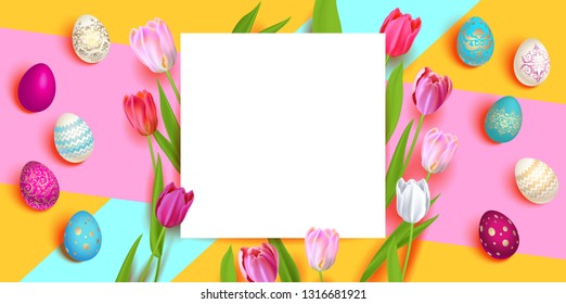 Happy Easter holiday card. Beautiful background with realistic colored Easter eggs and tulips. Festive vector illustration.