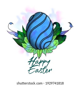 Happy Easter holiday card. Blue easter egg with leaves and flower decoration.