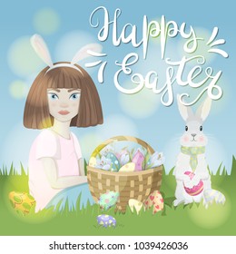 Happy Easter. Holiday card with a child, the Easter bunny and basket of colorful eggs