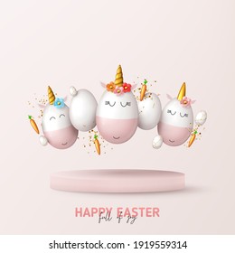 Happy Easter holiday card. Cute unicorns from eggs with gold horns, white eggs, carrots and gold confetti on podium. Vector illustration with 3d decorative objects for Easter design. Greeting banner.