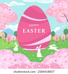 Happy Easter holiday card. Easter card with cute spring landscape. Vector.