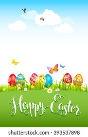 Happy Easter holiday card for design card, banner,ticket, leaflet and so on.Template page with handwritten inscription Happy Easter. Holiday card. Place for text.