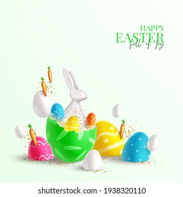 Happy Easter holiday card. Festive background with white and color eggs with Easter decoration, porcelain rabbit in broken egg, carrots and golden confetti. Vector illustration.