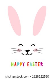 Happy easter. Holiday card with the head of a rabbit. Easter banner with a portrait of a cute bunny, cartoon character with pink ears. Vector illustration isolated on a white background