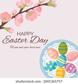 Happy Easter holiday card. Painted and decorated Easter eggs, decoration on plate. Blossomed apricot branch .