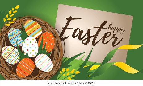 Happy Easter, holiday card, poster, eggs in the nest, flowers, ribbons