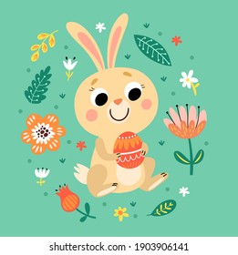 Happy Easter. Holiday card with rabbit