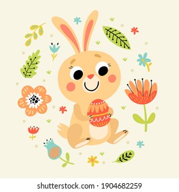 Happy Easter. Holiday card with rabbit