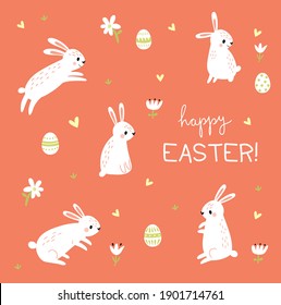 Happy Easter. Holiday card with rabbits