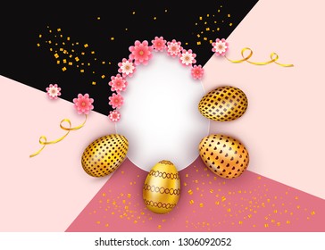 Happy Easter holiday card template design with decorated golden eggs, ribbons and confetti on abstract geometric background. Banner, poster, flyer or leaflet decoration elements. Vector illustration