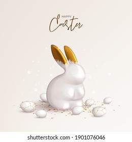 Plantilla de tarjeta de vacaciones Feliz Pascua. Fondo festivo con conejo de porcelana con orejas doradas, huevos blancos y confeti dorado. Ilustración vectorial con objeto decorativo 3d. Tarjeta de felicitación.