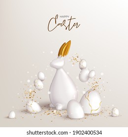 Happy Easter holiday card template. Festive background with porcelain rabbit with gold ears, white eggs and golden confetti. Vector illustration with 3d decorative object. Greeting card.
