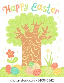 Happy Easter holiday card with a tree and painted eggs. Vector illustration.