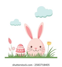 Happy Easter Holiday Card. vector illustration of Easter Pink Bunny With Eggs isolated on white background