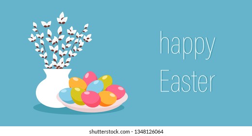 happy Easter. holiday card with willow branches and painted eggs. vector flat illustration. festive banner or background.
