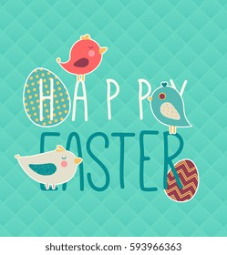Happy Easter! Holiday cartoon congratulation card. Vector illustration with eggs and birds. nice poster with green spring background.