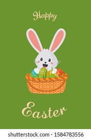 Happy easter holiday cartoon green greeting card design. Cute funny smiling white bunny with long ears in wicker basket filled colored eggs and greenery. Invitation poster. Vector flat illustration