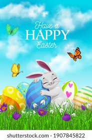 Happy Easter holiday cartoon vector poster with sleeping bunny hugging painted egg on green meadow with grass, flowers and butterflies. Easter holidays postcard with cute rabbit and decorated eggs