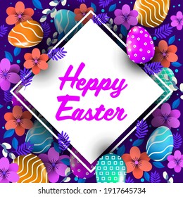 happy easter holiday celebration banner flyer or greeting card with decorative eggs and flowers vector illustration