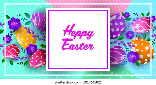 happy easter holiday celebration banner flyer or greeting card with decorative eggs and flowers horizontal vector illustration