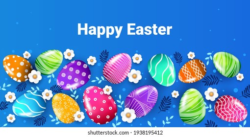 happy easter holiday celebration banner flyer or greeting card with decorative eggs and flowers horizontal