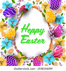 happy easter holiday celebration banner flyer or greeting card with decorative eggs and flowers