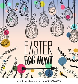 Happy Easter holiday celebration card with hand drawn lettering design, hanging eggs, floral branches and colorful scattered confetti. Vector illustration.