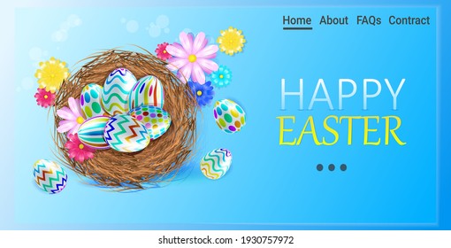 happy easter holiday celebration sale banner flyer or greeting card with decorative eggs in nest horizontal vector illustration