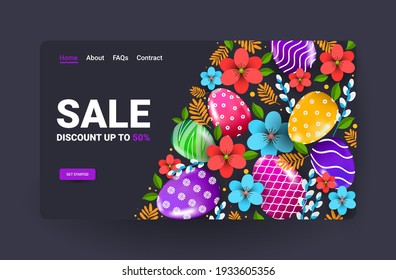 happy easter holiday celebration sale banner flyer or greeting card with decorative eggs and flowers horizontal vector illustration