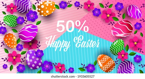 happy easter holiday celebration sale banner flyer or greeting card with decorative eggs and flowers horizontal vector illustration