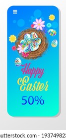 happy easter holiday celebration sale banner flyer or greeting card with decorative eggs in nest