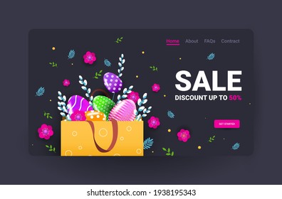happy easter holiday celebration sale banner flyer or greeting card with decorative eggs flowers
