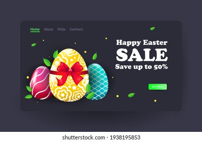 happy easter holiday celebration sale banner flyer or greeting card with decorative eggs