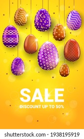 happy easter holiday celebration sale banner flyer or greeting card with decorative eggs vertical