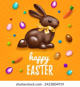 Happy Easter holiday. Chocolate Easter bunny on yellow or orange background. Realistic vector illustration. Easter 3d vector banner with chocolate rabbit, colorful eggs and carrots. Easter hunt banner