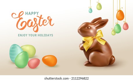 Happy Easter holiday. Chocolate Easter Rabbit on beige background. Realistic vector illustration. Easter banner.