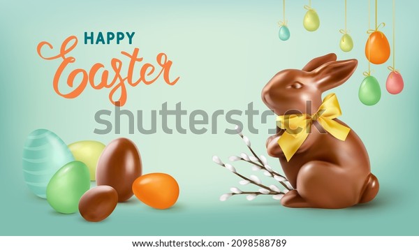 Happy Easter holiday. Chocolate Easter Rabbit\
with willow branches on blue background. Realistic vector\
illustration. Easter\
banner.