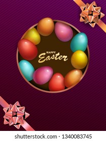 Happy Easter Holiday with colored egg. Dark box design for greeting card, party invitation etc. Vector Illustration
