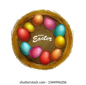 Happy Easter Holiday with colored egg in the basket. Design for greeting card, party invitation etc. Vector Illustration